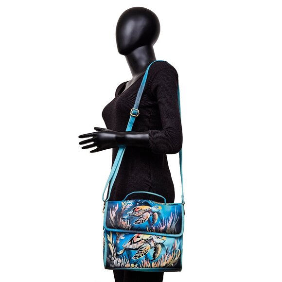 Leather Hand Painted Top Handle Handbag Purse With Turtle Artwork, Crossbody Bag - Picture 9 of 9